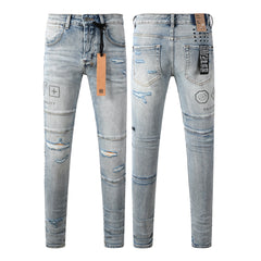 Purple Jeans Edgy Streetwear Men’s Light Blue Ripped Skinny Jeans with Futuristic Symbol Graphic Patches and Heavy Distressing 3048