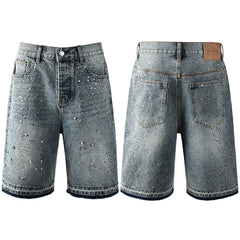 Purple Jeans Luxury Hip Hop Denim Shorts with Glittering Rhinestone Embellishments and Vintage Washed Look 5102
