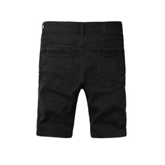 Purple Jeans Edgy Distressed Black Denim Shorts with Destroyed Rips for Men’s Summer Fashion 5108