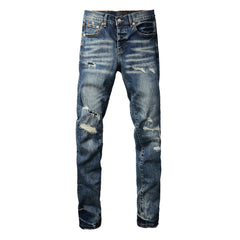 Purple Jeans Men Classic Streetwear Jeans Distressed Dark Blue Ripped Skinny 9096