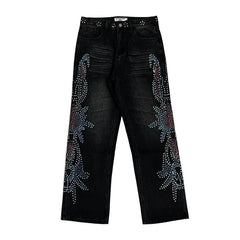 Vale Forever Rhinestone Floral Pattern Oversized Black Denim Jeans