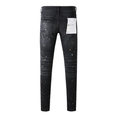 Purple Jeans - Distressed Black Denim with Knee Slit and Ripped Hole 9045