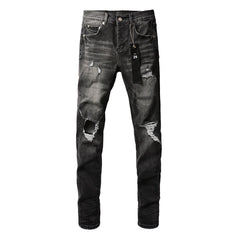 Purple Black Distressed Jeans 9079 Long Pants with Stylish Rips and Tears