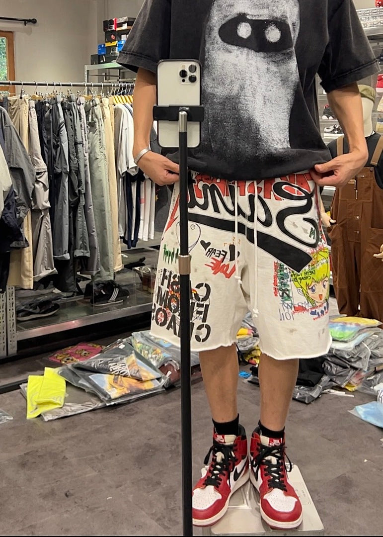 Saint Michael Graffiti Anime Graphic Collaged Sweat Shorts