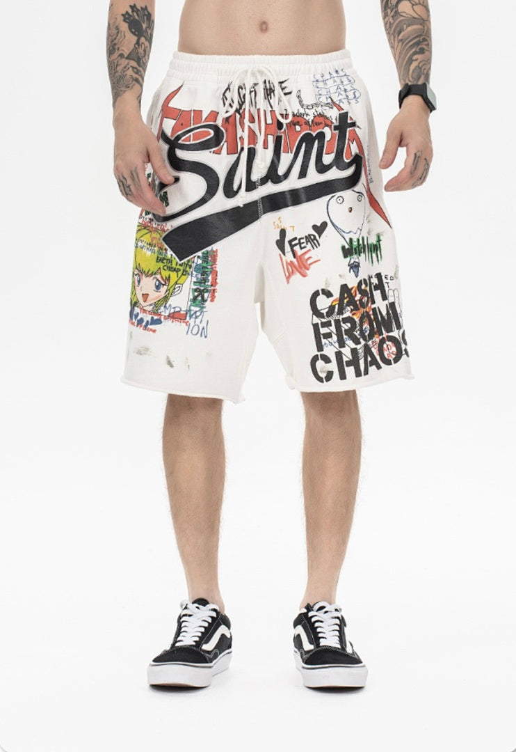 Saint Michael Graffiti Anime Graphic Collaged Sweat Shorts