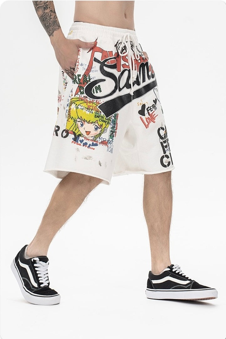 Saint Michael Graffiti Anime Graphic Collaged Sweat Shorts