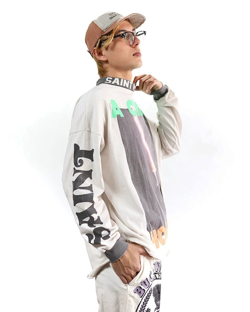Saint Michael Mock-Neck Photo Print Long Sleeve Sweatshirt