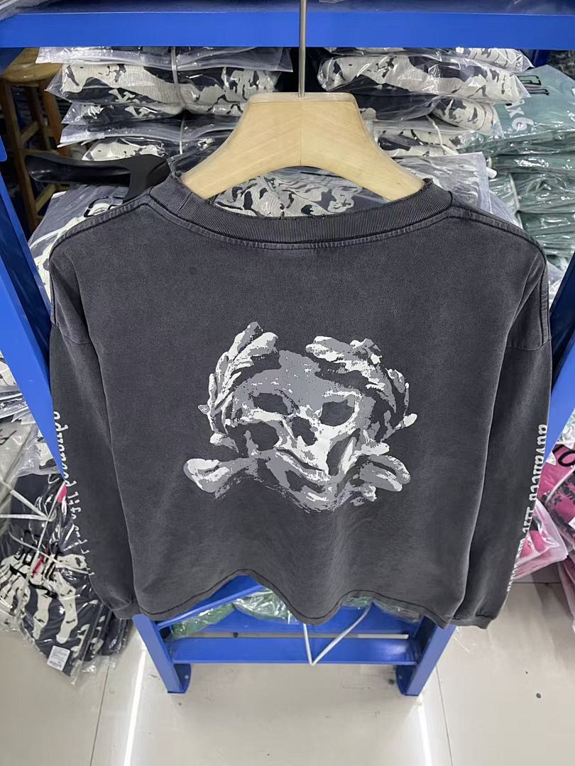 Saint Michael Script & Skull Graphic Distressed Sweatshirt