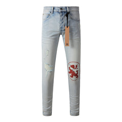 Purple Jeans Classic Blue Ripped Jeans with Distressed Knees 3008