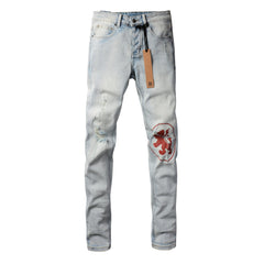 Purple Jeans Classic Blue Ripped Jeans with Distressed Knees 3008