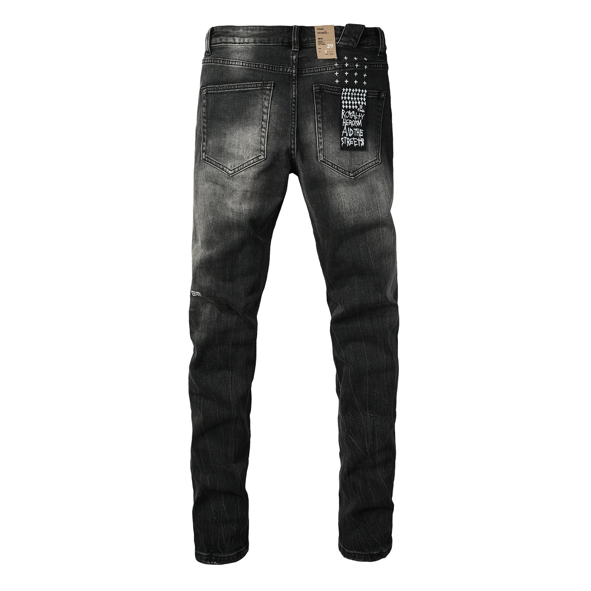 Purple Jeans Edgy Streetwear Men’s Black Ripped Jeans with Graphic Back Print and Natural Fade Effect for Everyday Looks 3035