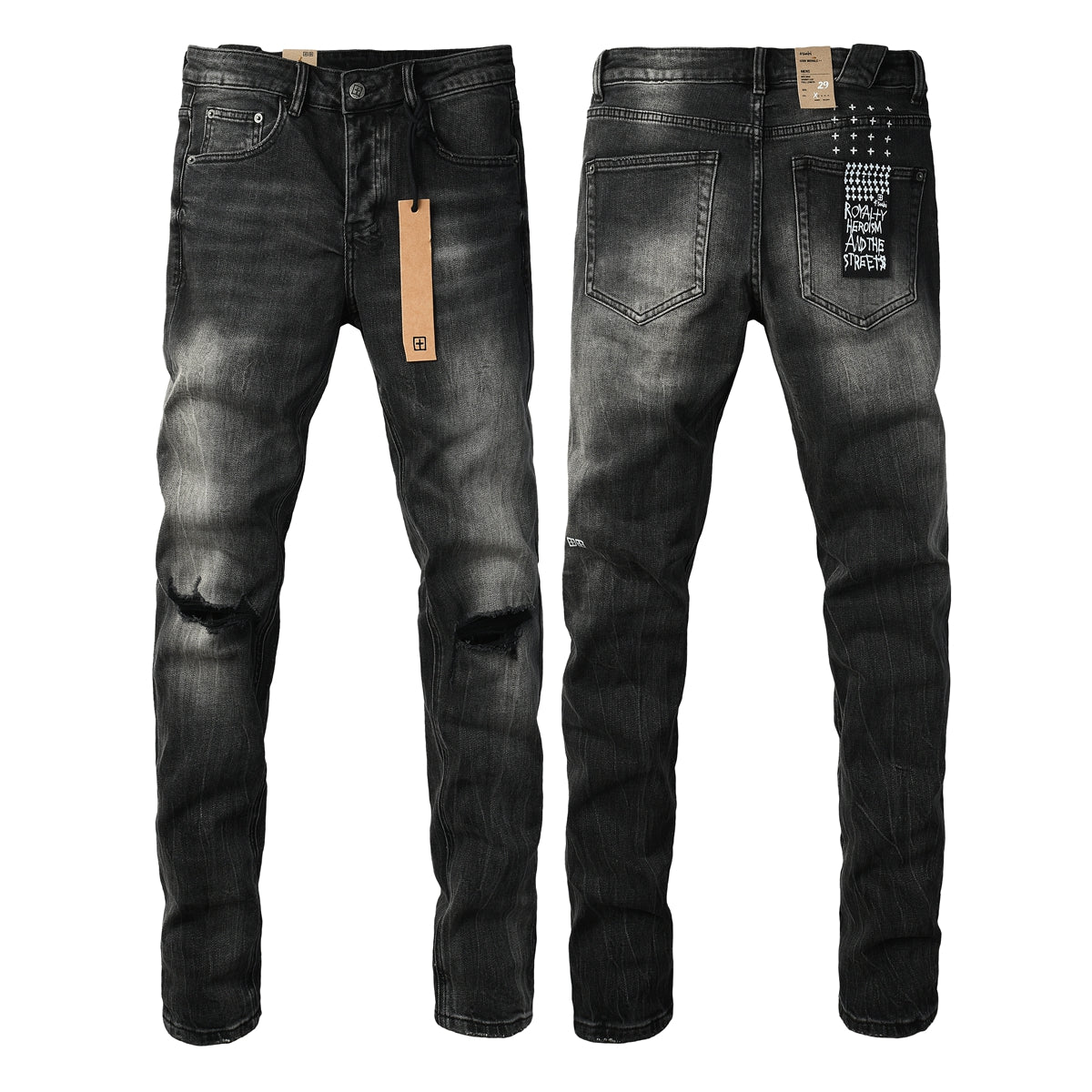 Purple Jeans Edgy Streetwear Men’s Black Ripped Jeans with Graphic Back Print and Natural Fade Effect for Everyday Looks 3035