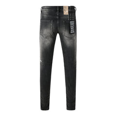 Purple Jeans Edgy Streetwear Men’s Black Ripped Jeans with Graphic Back Print and Natural Fade Effect for Everyday Looks 3035