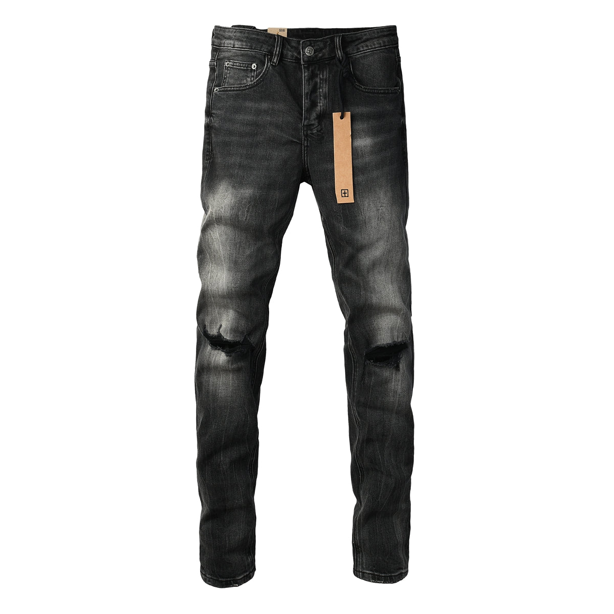 Purple Jeans Edgy Streetwear Men’s Black Ripped Jeans with Graphic Back Print and Natural Fade Effect for Everyday Looks 3035