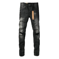 Purple Jeans Edgy Streetwear Men’s Black Ripped Jeans with Graphic Back Print and Natural Fade Effect for Everyday Looks 3035