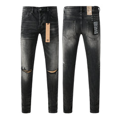 Purple Jeans Edgy Streetwear Men’s Black Ripped Jeans with Graphic Back Print and Natural Fade Effect for Everyday Looks 3035