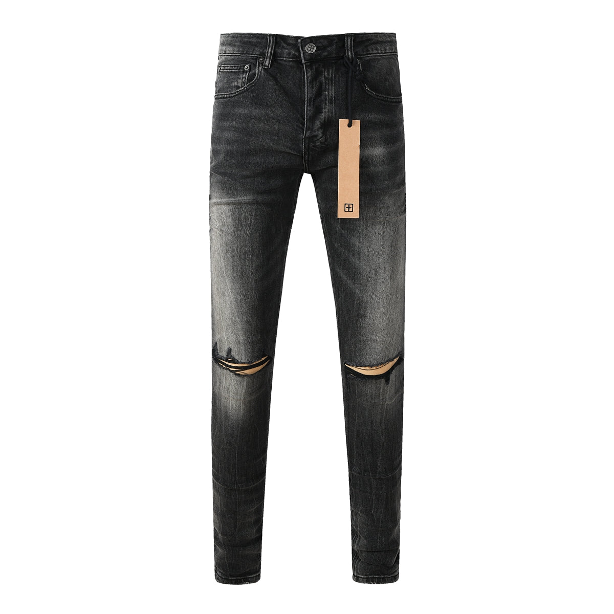 Purple Jeans Edgy Streetwear Men’s Black Ripped Jeans with Graphic Back Print and Natural Fade Effect for Everyday Looks 3035
