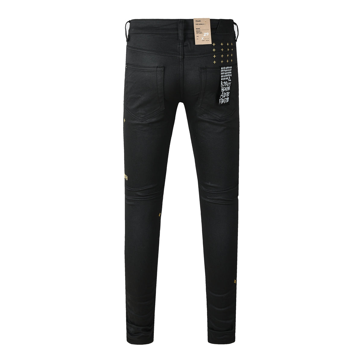 Purple Jeans Edgy Streetwear Men’s Black Ripped Jeans with Graphic Back Print and Natural Fade Effect for Everyday Looks 3045
