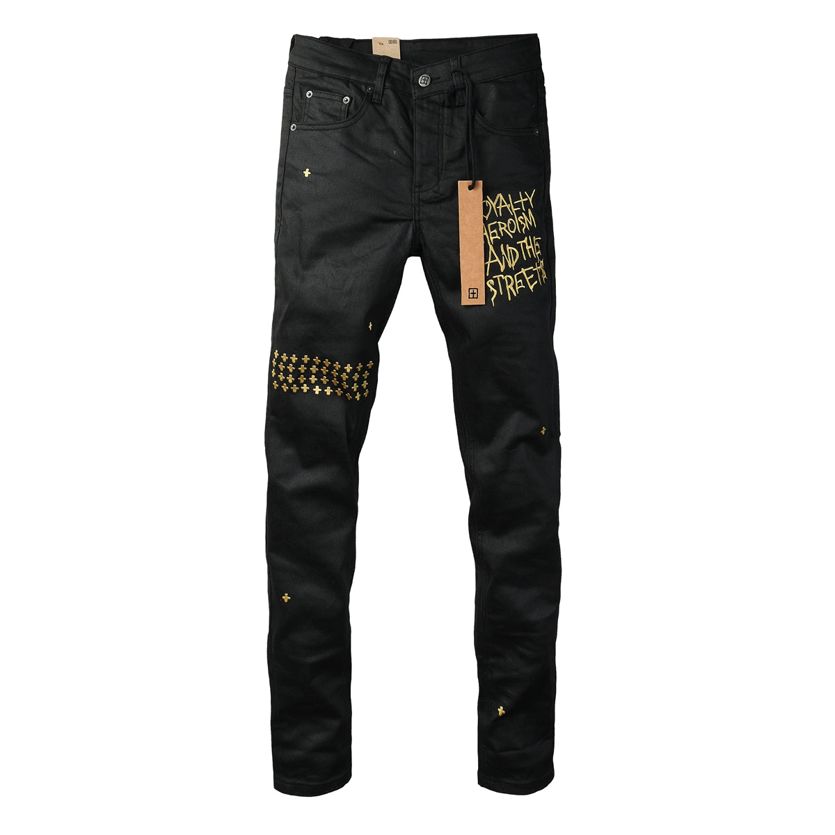 Purple Jeans Edgy Streetwear Men’s Black Ripped Jeans with Graphic Back Print and Natural Fade Effect for Everyday Looks 3045