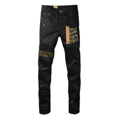 Purple Jeans Edgy Streetwear Men’s Black Ripped Jeans with Graphic Back Print and Natural Fade Effect for Everyday Looks 3045