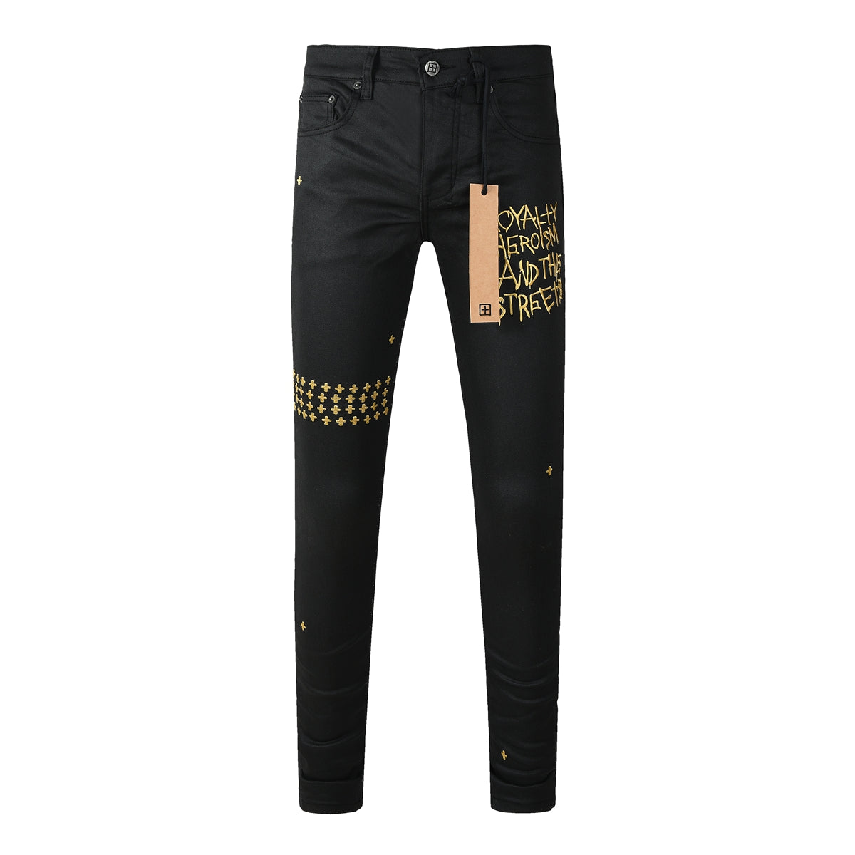 Purple Jeans Edgy Streetwear Men’s Black Ripped Jeans with Graphic Back Print and Natural Fade Effect for Everyday Looks 3045