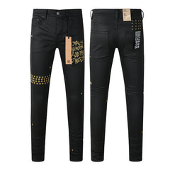 Purple Jeans Edgy Streetwear Men’s Black Ripped Jeans with Graphic Back Print and Natural Fade Effect for Everyday Looks 3045