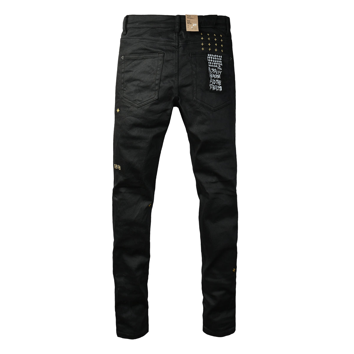 Purple Jeans Edgy Streetwear Men’s Black Ripped Jeans with Graphic Back Print and Natural Fade Effect for Everyday Looks 3045