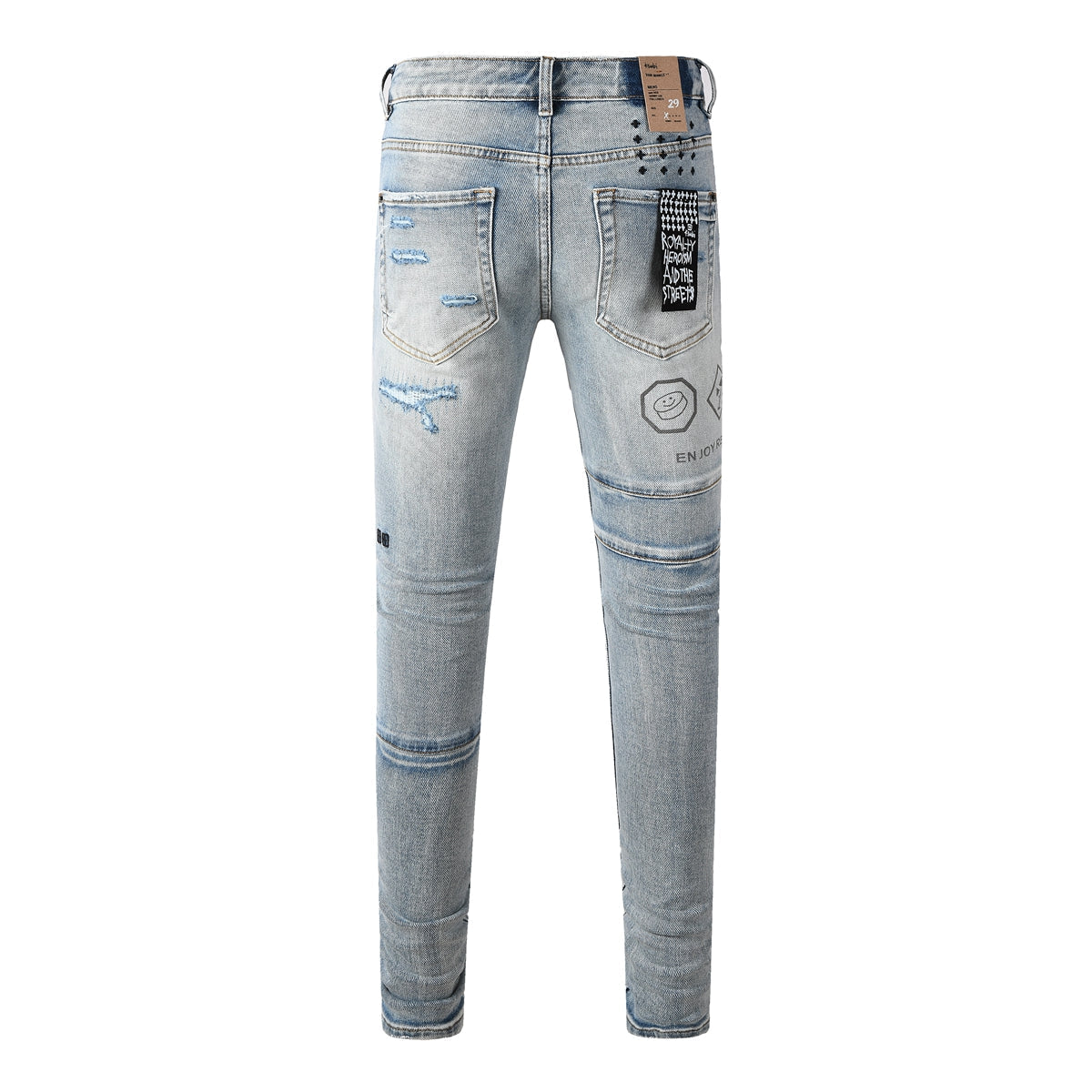 Purple Jeans Edgy Streetwear Men’s Light Blue Ripped Skinny Jeans with Futuristic Symbol Graphic Patches and Heavy Distressing 3048
