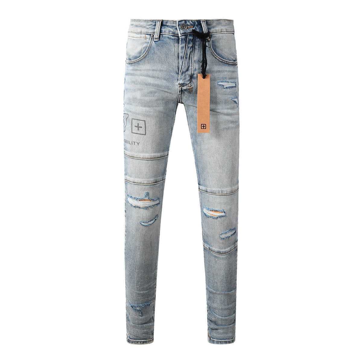 Purple Jeans Edgy Streetwear Men’s Light Blue Ripped Skinny Jeans with Futuristic Symbol Graphic Patches and Heavy Distressing 3048