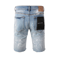 Purple Jeans Casual Streetwear Denim Shorts for Men Featuring Distressed Detailing, Raw Cut Hem, and Faded Wash 5091