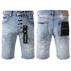 Purple Jeans Casual Streetwear Denim Shorts for Men Featuring Distressed Detailing, Raw Cut Hem, and Faded Wash 5091