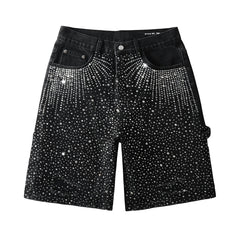 Purple Jeans Luxury Bling Men's Black Jean Shorts Covered in Shiny Rhinestones for Night Out Fashion 5099