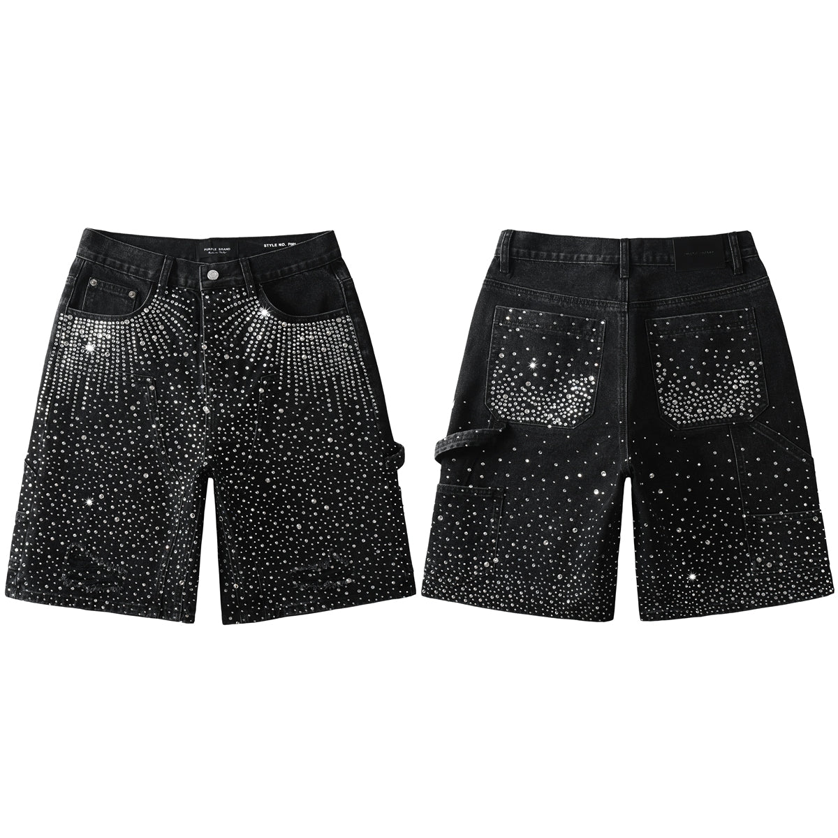Purple Jeans Luxury Bling Men's Black Jean Shorts Covered in Shiny Rhinestones for Night Out Fashion 5099