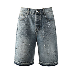 Purple Jeans Luxury Hip Hop Denim Shorts with Glittering Rhinestone Embellishments and Vintage Washed Look 5102