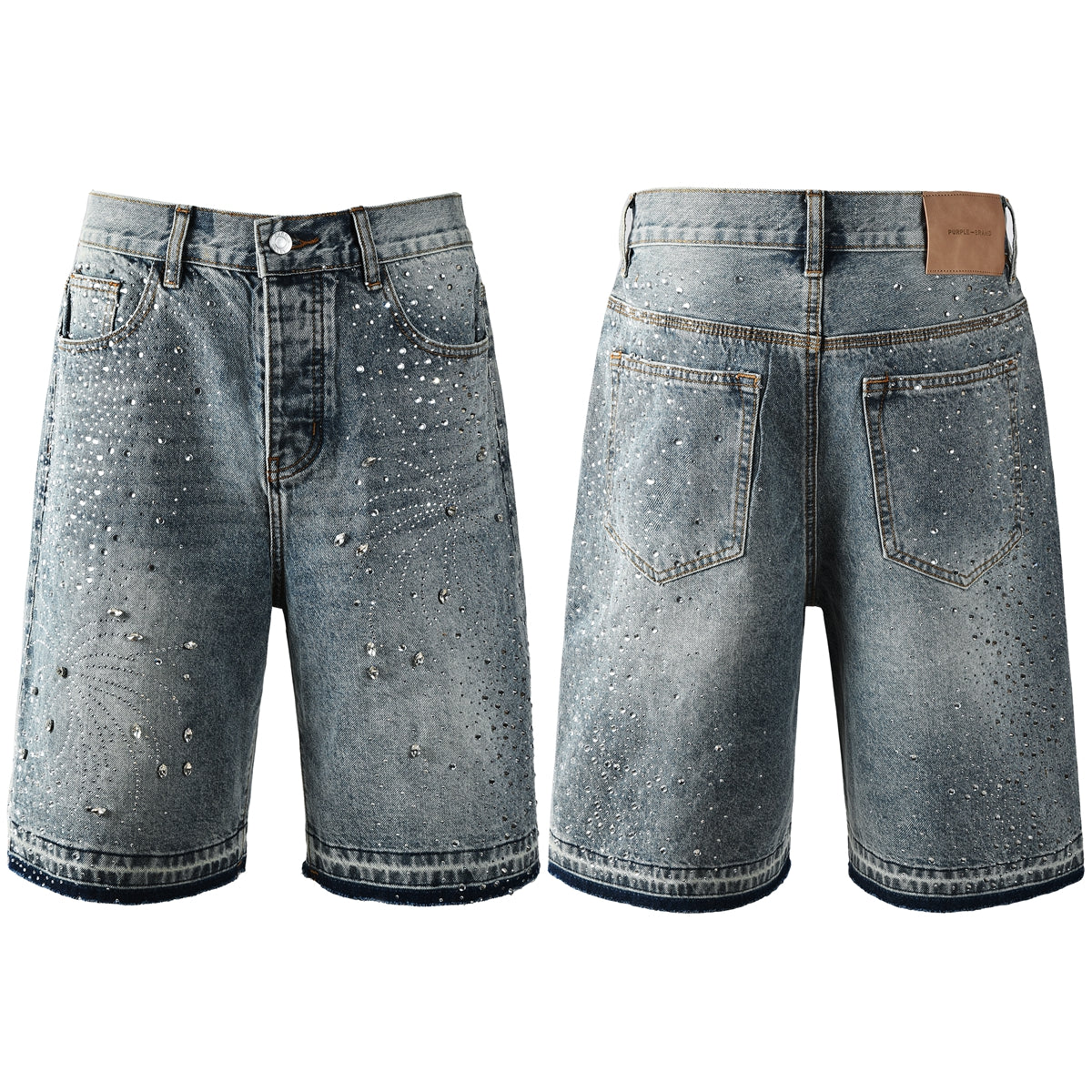 Purple Jeans Luxury Hip Hop Denim Shorts with Glittering Rhinestone Embellishments and Vintage Washed Look 5102
