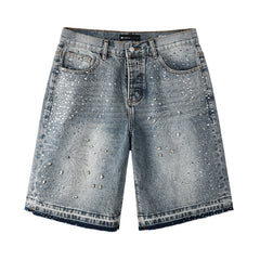 Purple Jeans Luxury Hip Hop Denim Shorts with Glittering Rhinestone Embellishments and Vintage Washed Look 5102