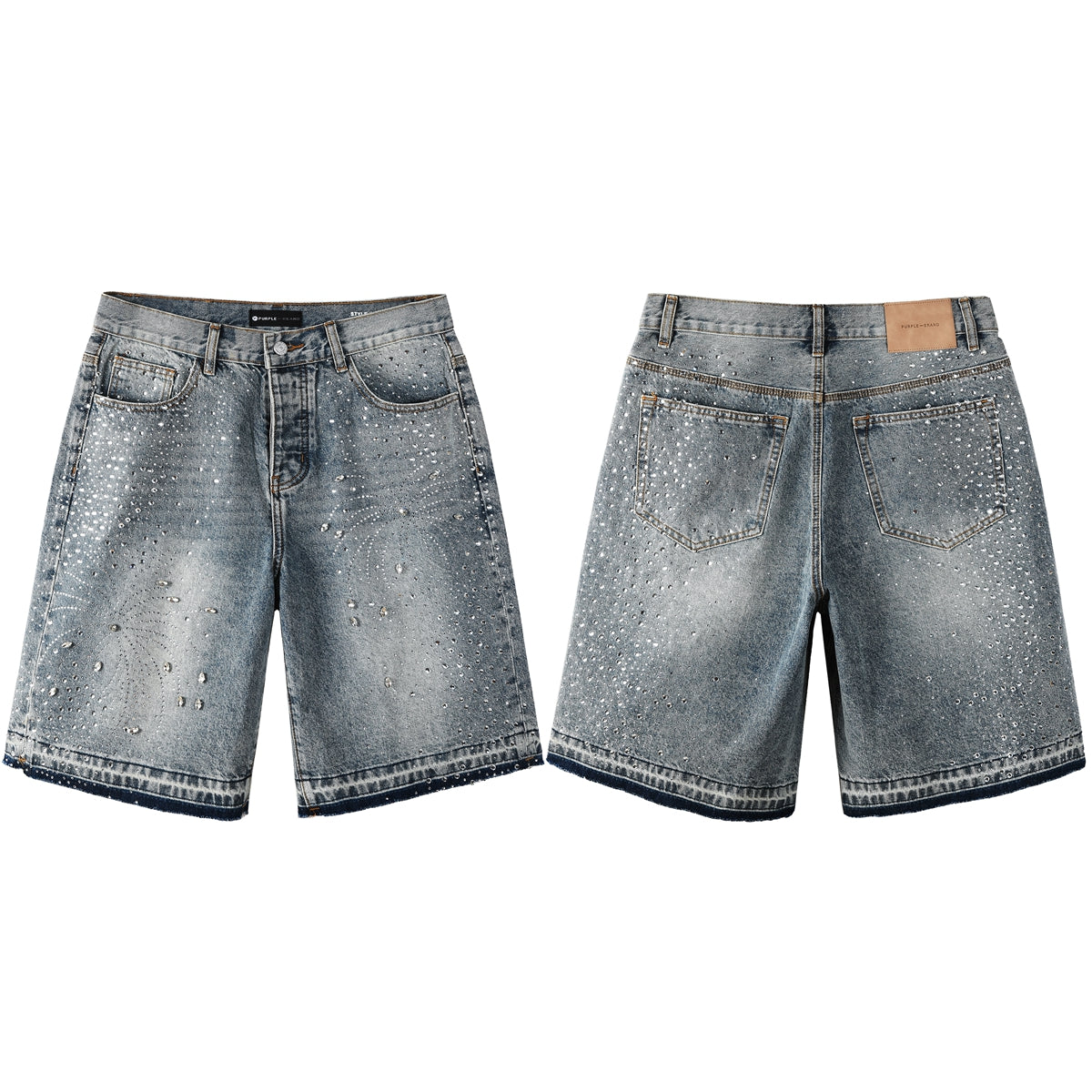 Purple Jeans Luxury Hip Hop Denim Shorts with Glittering Rhinestone Embellishments and Vintage Washed Look 5102