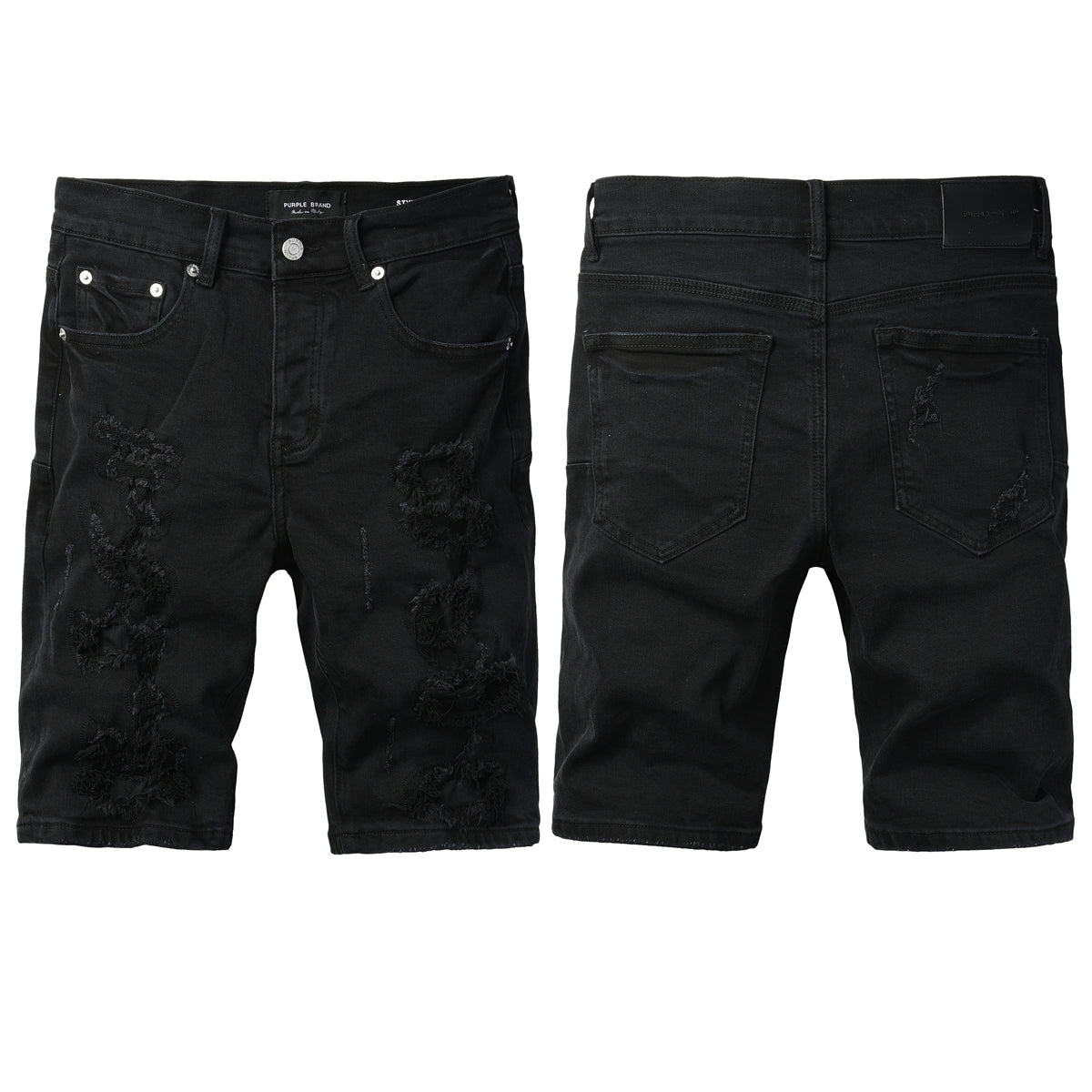 Purple Jeans Edgy Distressed Black Denim Shorts with Destroyed Rips for Men’s Summer Fashion 5108