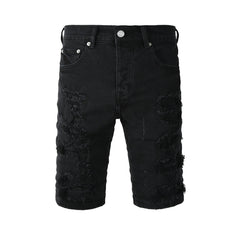 Purple Jeans Edgy Distressed Black Denim Shorts with Destroyed Rips for Men’s Summer Fashion 5108