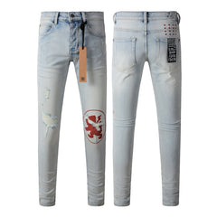 Purple Jeans Classic Blue Ripped Jeans with Distressed Knees 3008
