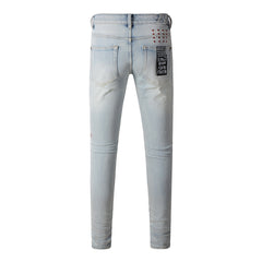 Purple Jeans Classic Blue Ripped Jeans with Distressed Knees 3008
