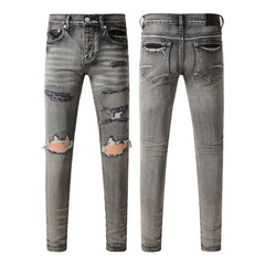 Purple Jeans Men Classic Streetwear Jeans Distressed Black Grey Ripped Skinny 9068