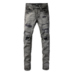 Purple Jeans Men Classic Streetwear Jeans Distressed Black Grey Ripped Skinny 9068
