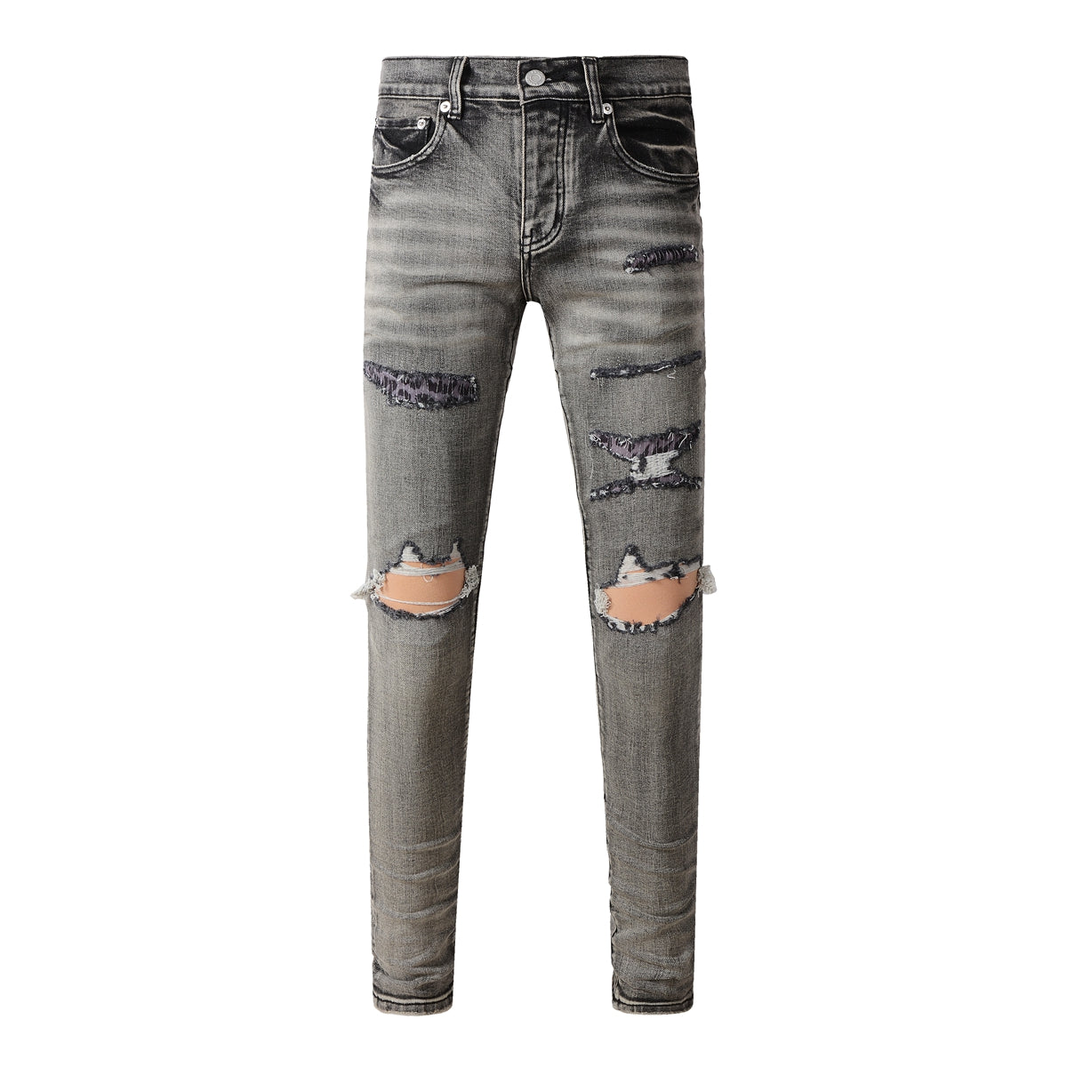 Purple Jeans Men Classic Streetwear Jeans Distressed Black Grey Ripped Skinny 9068