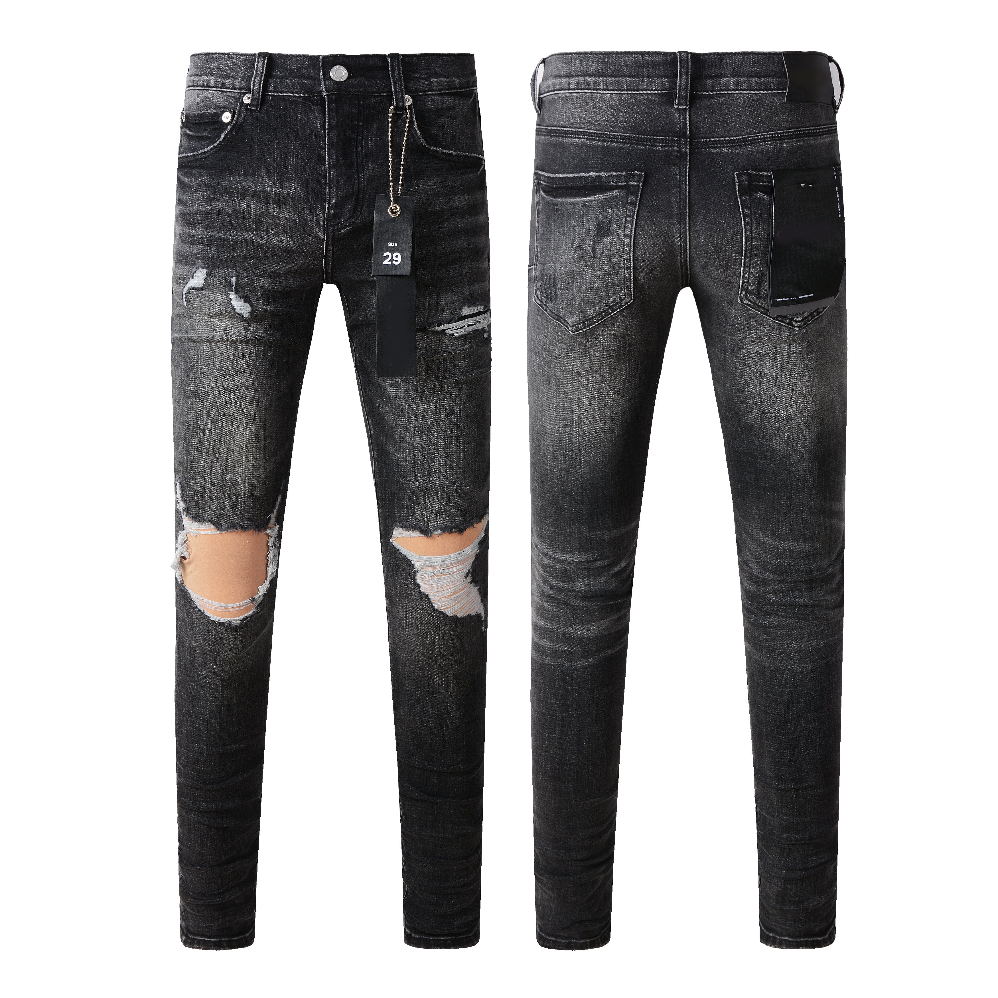 Purple Black Distressed Jeans 9079 Long Pants with Stylish Rips and Tears