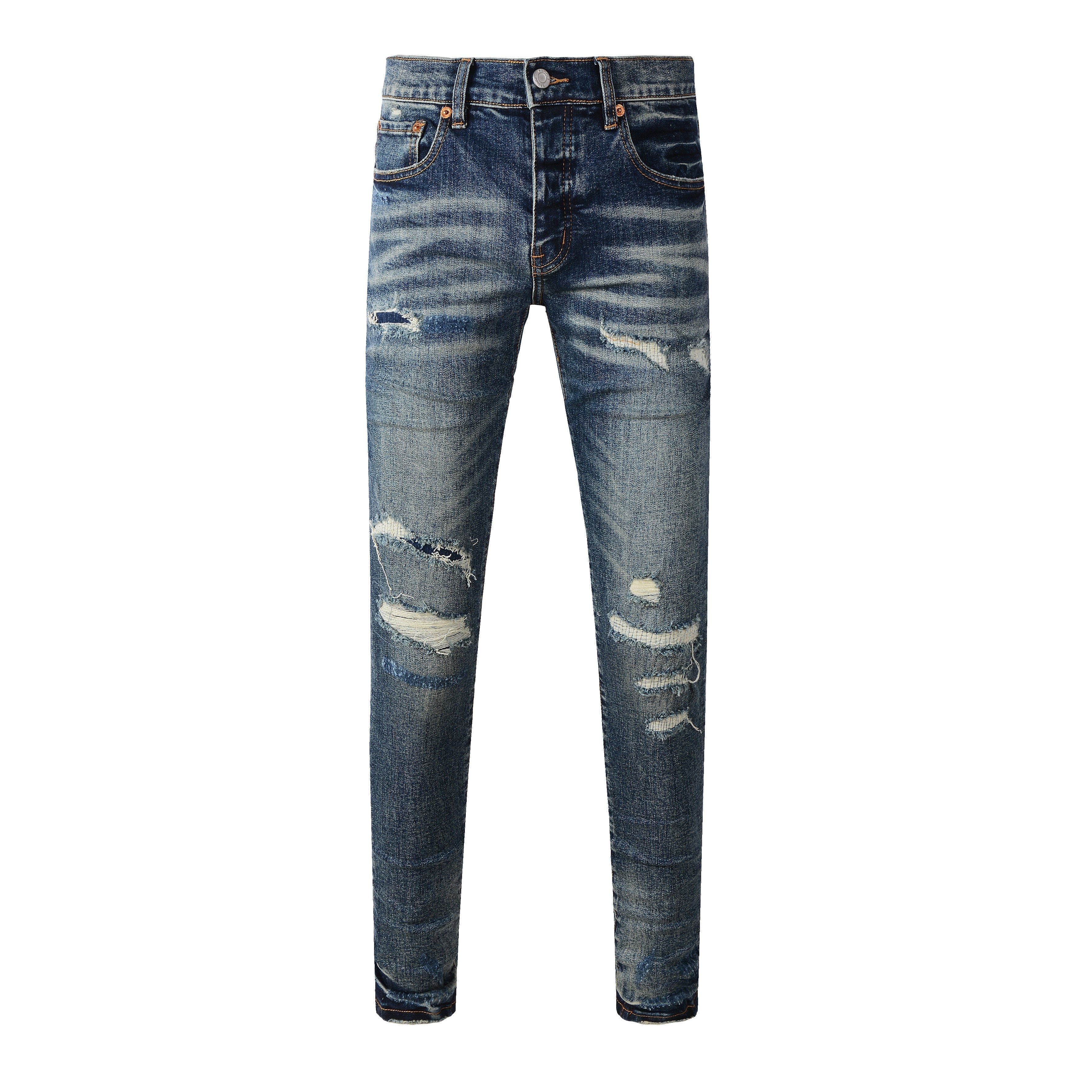 Purple Jeans Men Classic Streetwear Jeans Distressed Dark Blue Ripped Skinny 9096