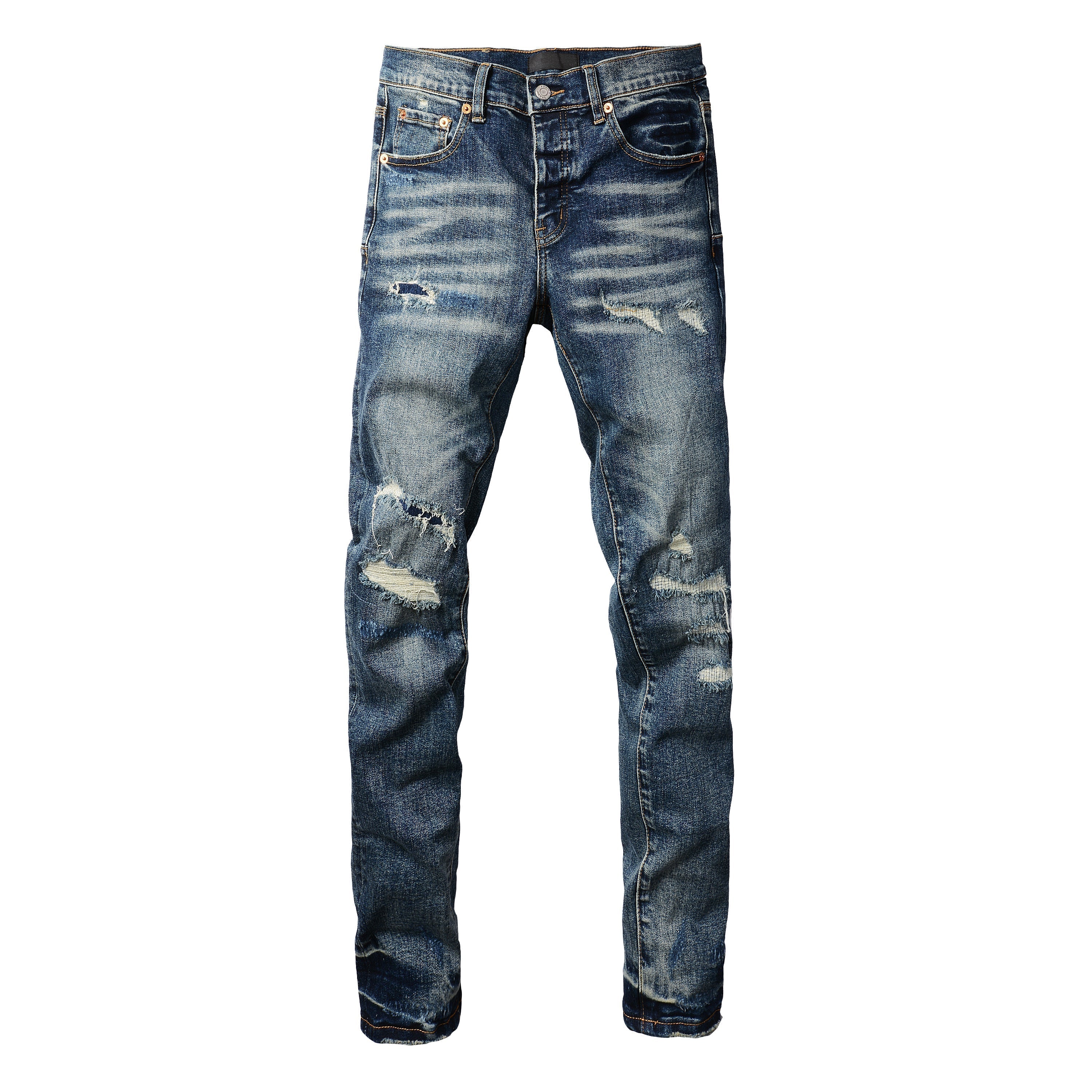 Purple Jeans Men Classic Streetwear Jeans Distressed Dark Blue Ripped Skinny 9096