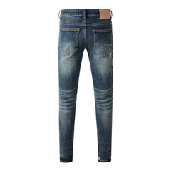 Purple Jeans Men Classic Streetwear Jeans Distressed Dark Blue Ripped Skinny 9096