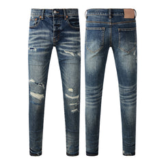 Purple Jeans Men Classic Streetwear Jeans Distressed Dark Blue Ripped Skinny 9096