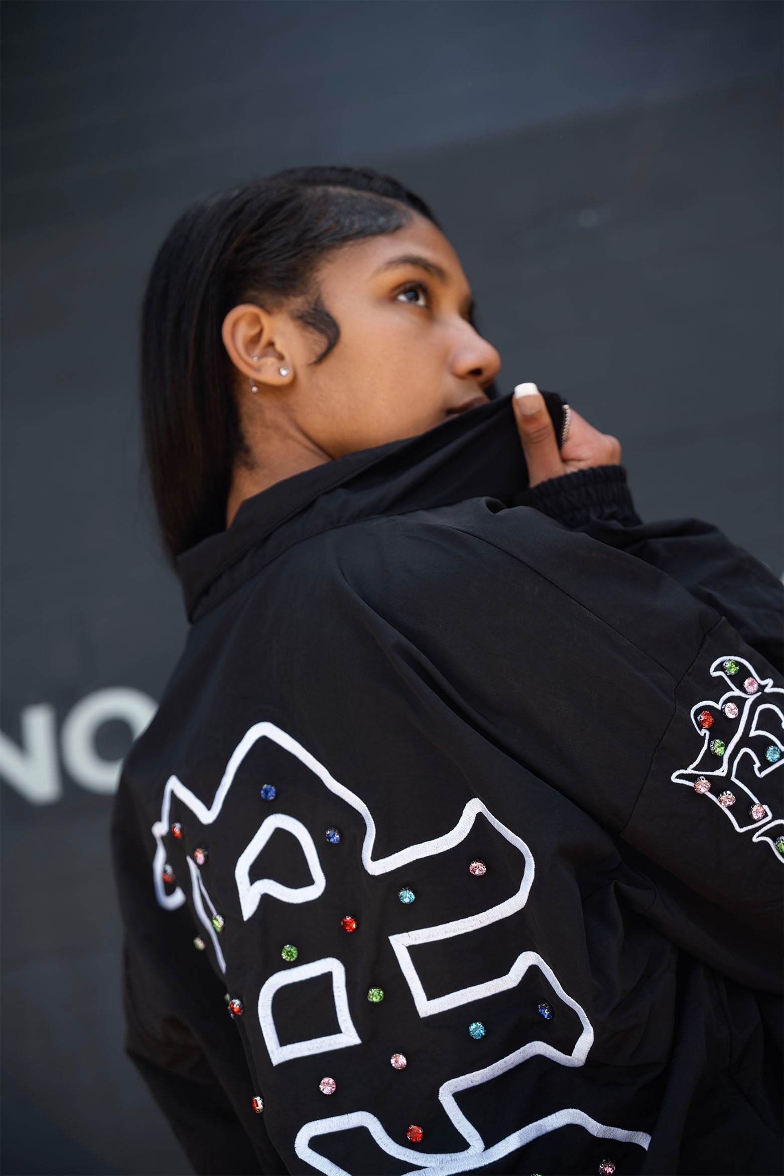 Mixed Emotions “ME” Rhinestone Nylon Jacket